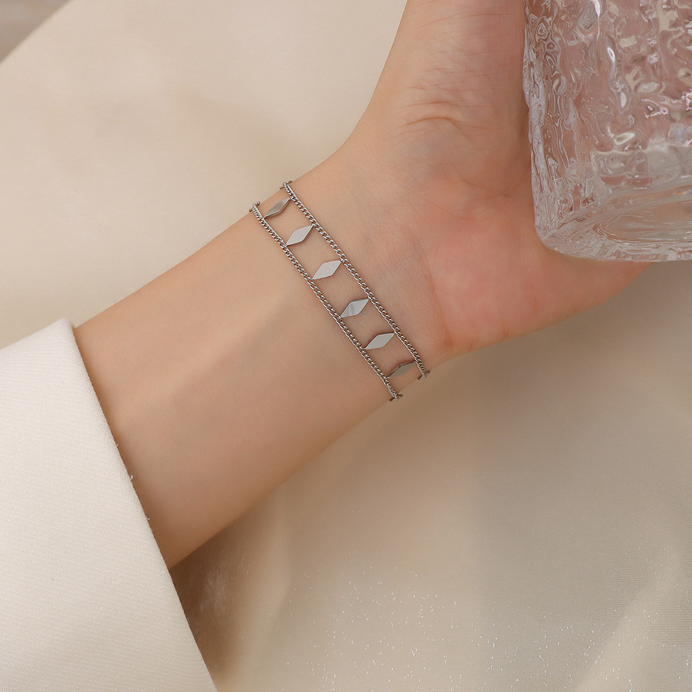 French Style Double-Layer Geometric Rhombus Bracelet 18K PVD Gold Plated Titanium Steel Jewelry - Image 4