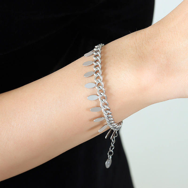 Thai Style Simple Chain Leaf Tassel Bracelet 18K PVD Gold Plated Titanium Steel Jewelry - Image 4