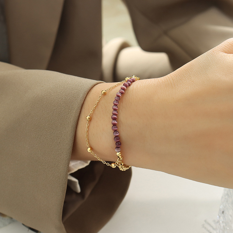 Trendy Casual Cat Eye Stone Double-Layer Chain Bracelet 18K PVD Gold Plated Titanium Steel Jewelry - Image 5