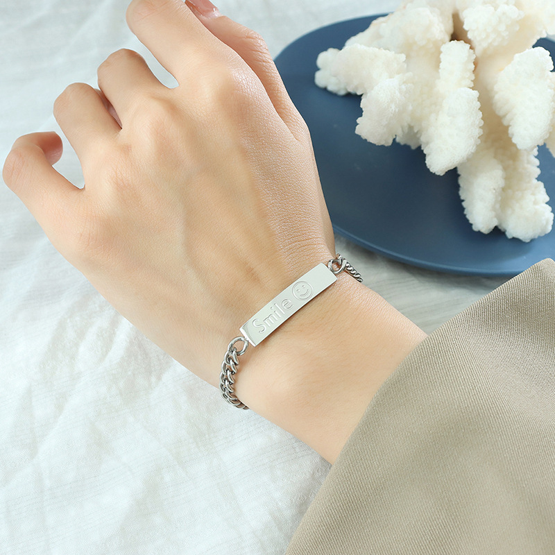 Hip Hop Style Square Plate Pendant Chunky Chain Bracelet 18K PVD Gold Plated Titanium Steel Smile Face - Image 4