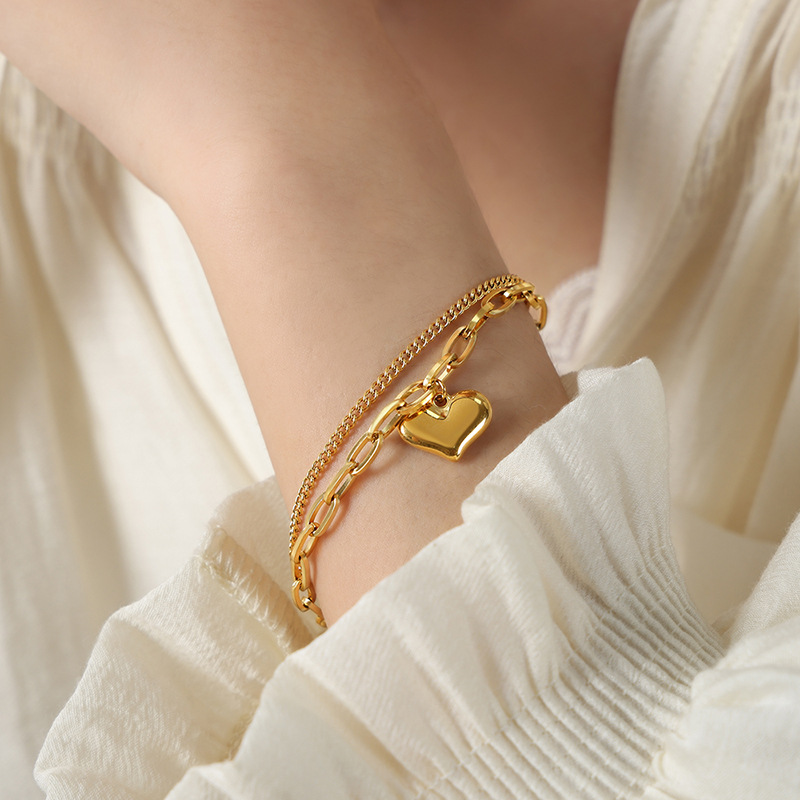 European Style Double-Layer Heart Pendant Bracelet 18K PVD Gold Plated Titanium Steel Jewelry for Women - Image 5