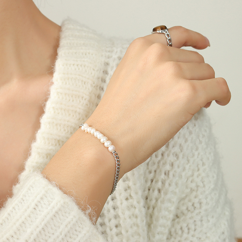 Simple Friendship Bracelet for Women Titanium Steel Gold Plated Freshwater Pearl Bead Vintage Non-Fading Jewelry - Image 4