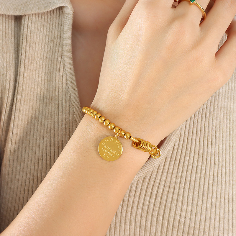 European INS Style Bracelet Couple Round Plate Bead Elastic Bracelet 18K Gold Plated Titanium Steel Jewelry - Image 6