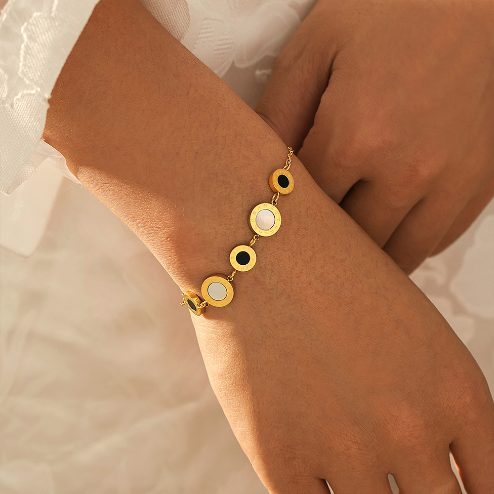 Luxury Black and White Roman Numeral Titanium Steel 18K PVD Gold Plated Couple Bracelet - Image 5