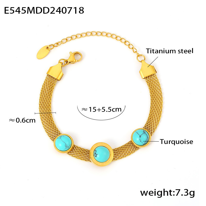 European Style Wide Mesh Round Turquoise Bracelet Vintage Design Titanium Steel 18K PVD Gold Plated Jewelry - Image 5
