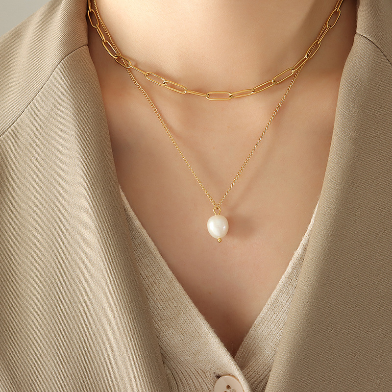 European Ins Trendy Minimalist Freshwater Pearl Pendant Multi-Layered Necklace 18K PVD Gold Plated Choker Necklace for Women - Image 5