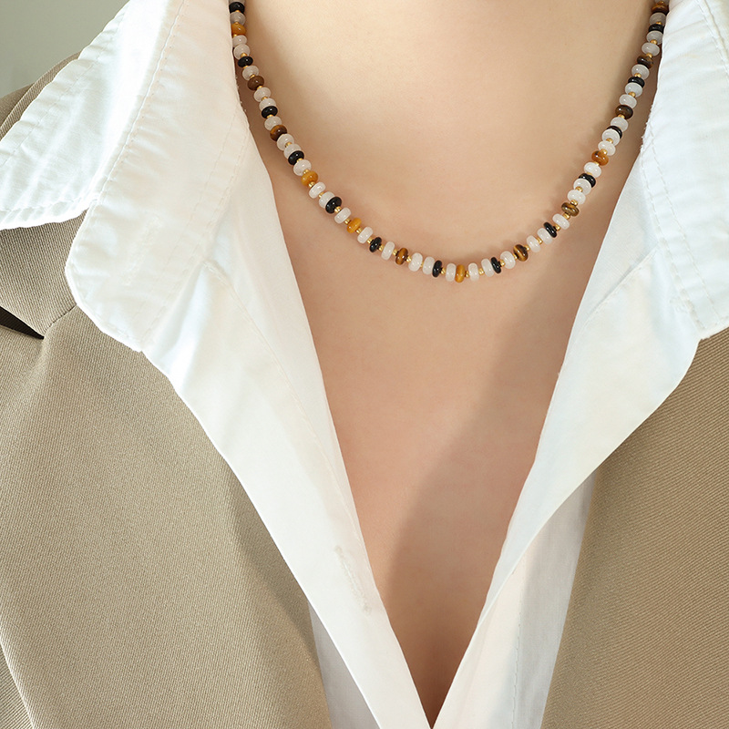 Simple Natural White Jade Tiger Eye Stone Handmade Beaded Black Onyx Material Necklace for Women - Image 5