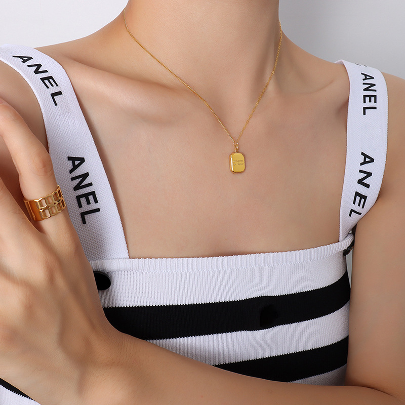 French Choker 3D Square Mini Gold Bar Letter Double Pendant Necklace 18K PVD Gold Plated Choker Necklace for Women - Image 5