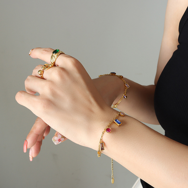 Non-Fading Ins Style Multi-Colored Zircon Jewelry Set with Tassel Necklace 18K PVD Gold Plated Bracelet - Image 5