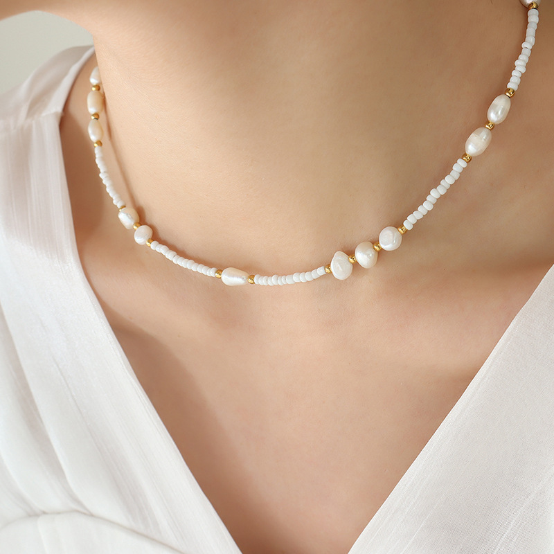 Delicate Aesthetic Non-Fading French Vintage Glass Bead Freshwater Pearl Pendant Necklace 18K PVD Gold Plated Beaded Jewelry - Image 5