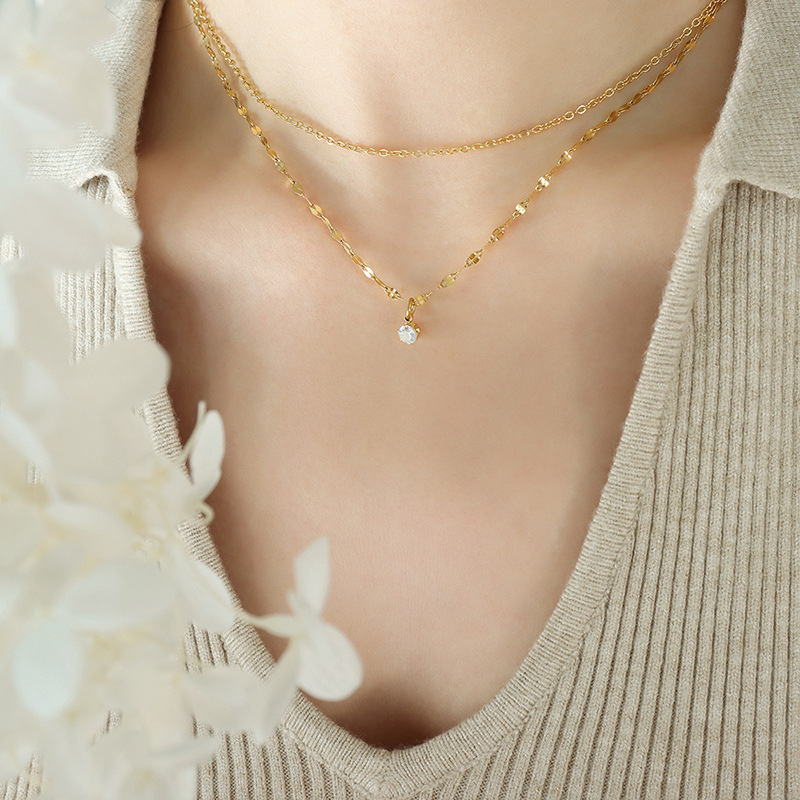 Korean Ins Style Simple Small Necklace Double-Layered Design Zircon Chain 18K PVD Gold Plated Choker Necklace for Women - Image 6
