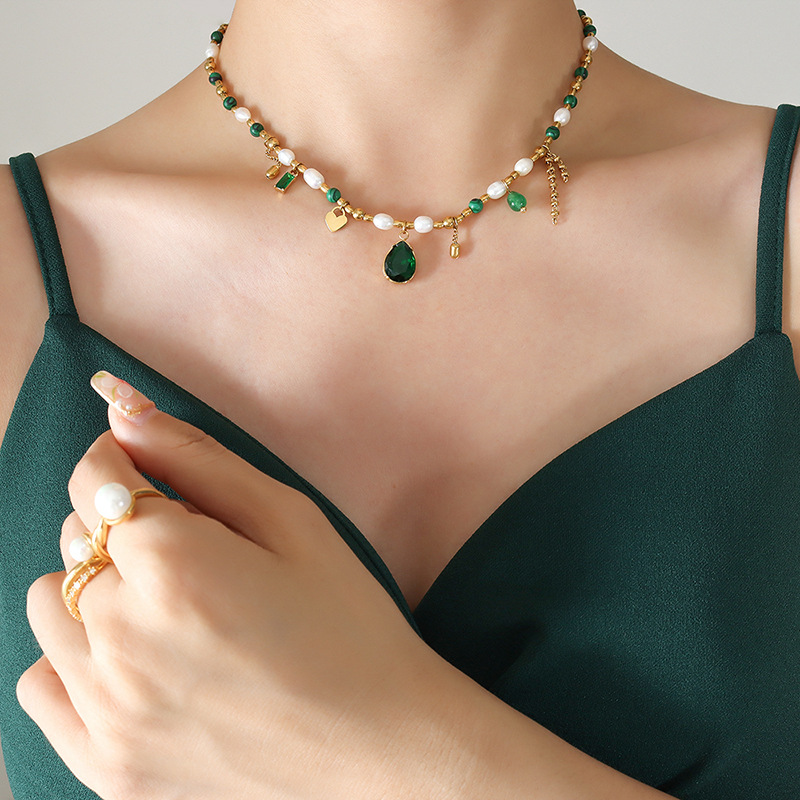 European Court Style Non-Fading Elegant Freshwater Pearl Zircon Turquoise Stone Pendant Necklace 18K PVD Gold Plated Jewelry - Image 4