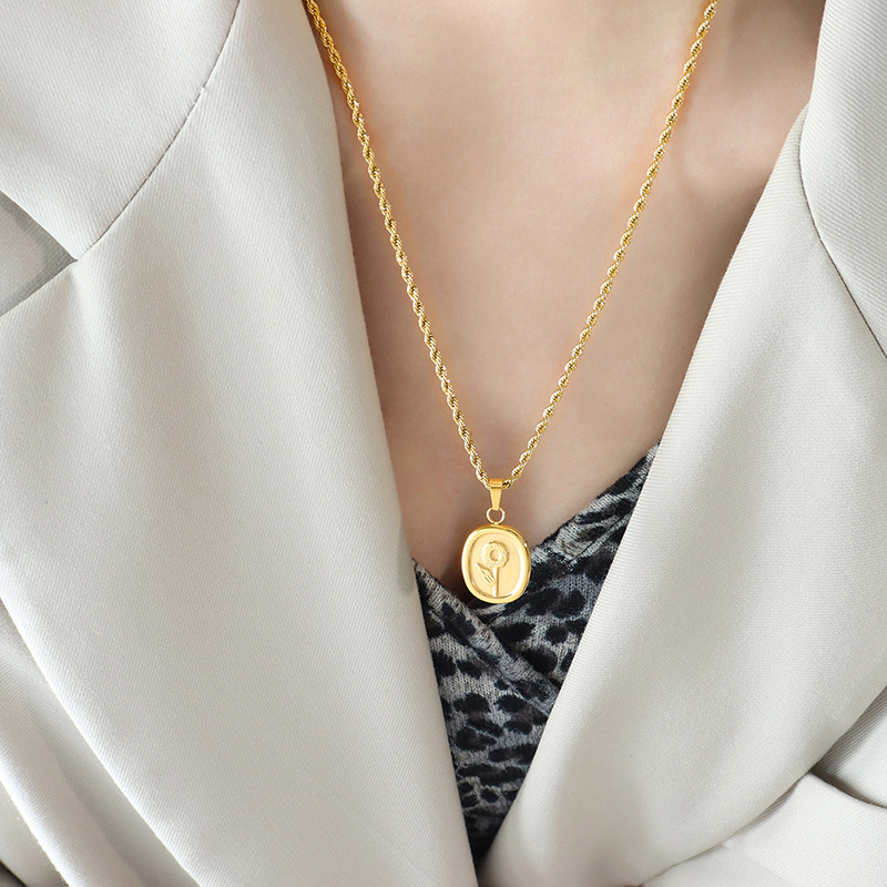 Rose Flower Square Plaque Chain Twisted Long Necklace Titanium Steel 18K PVD Gold Plated Unisex French Aesthetic Jewelry - Image 4