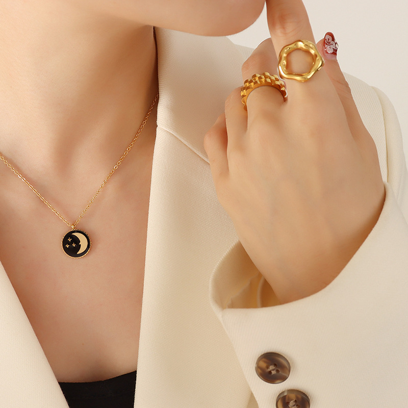 European Ins Jewelry Star Moon Round Plaque Pendant Necklace Titanium Steel 18K PVD Gold Plated Choker - Image 5