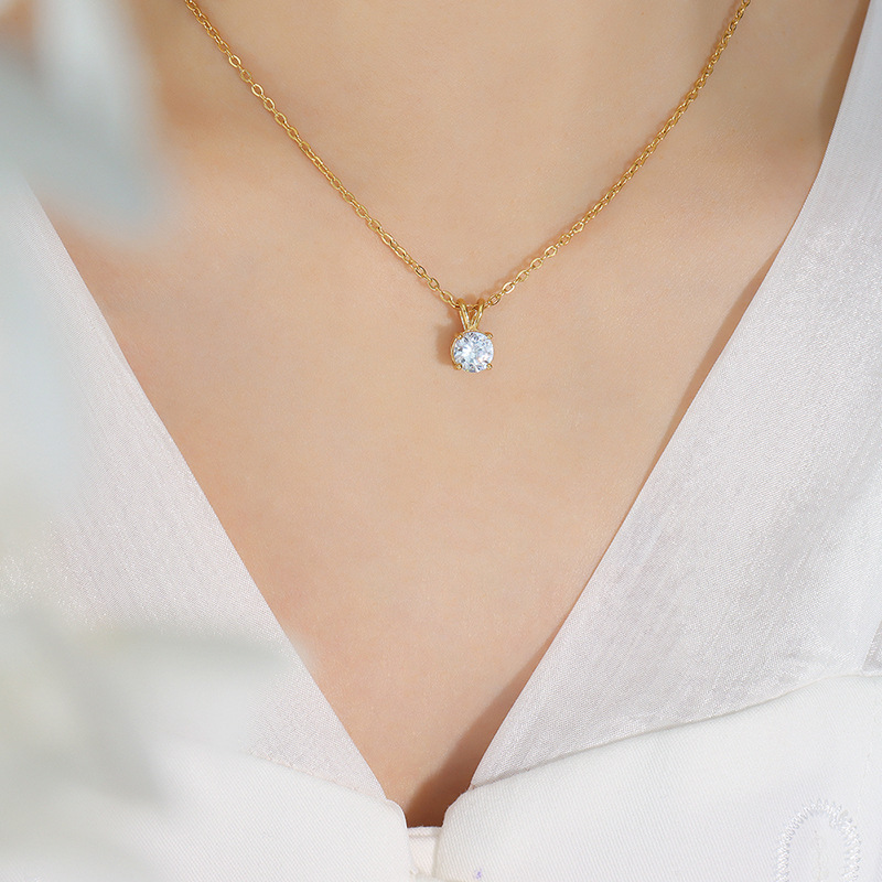Korean Ins Style Cold Minimalist Single Zircon Claw Set Pendant Necklace 18K PVD Gold Plated Titanium Steel Choker for Women - Image 5