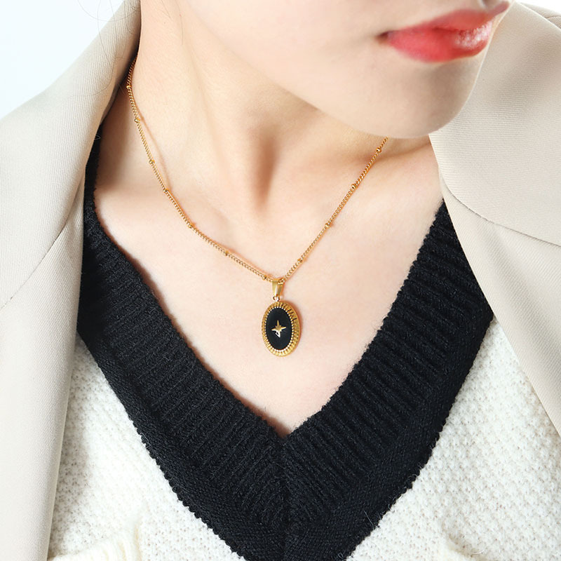 French Vintage Non-Fading Geometric Pendant Necklace 18K PVD Gold Plated Titanium Steel Radiant Star Oval Pendant Jewelry - Image 5