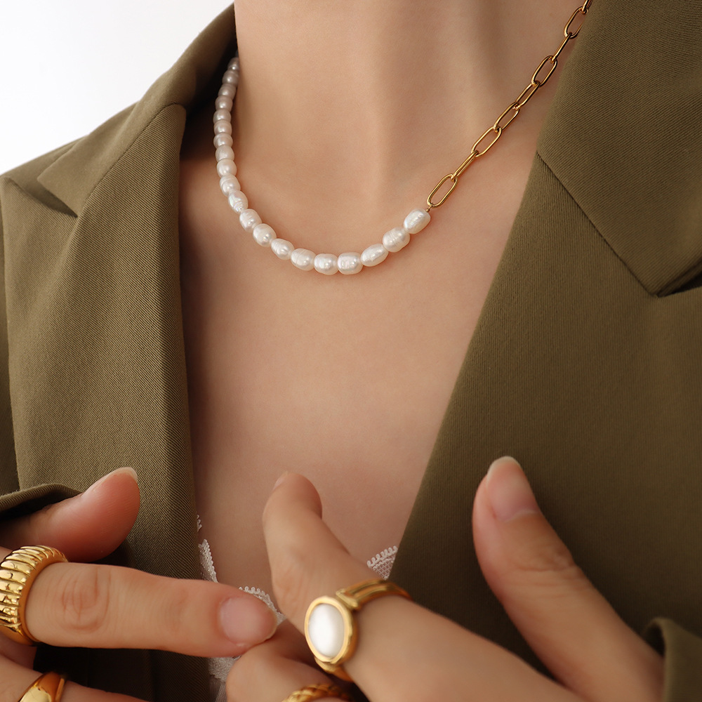 French Fashionable Versatile Choker Necklace Freshwater Pearl Splicing 18K PVD Gold Plated for Women - Image 6