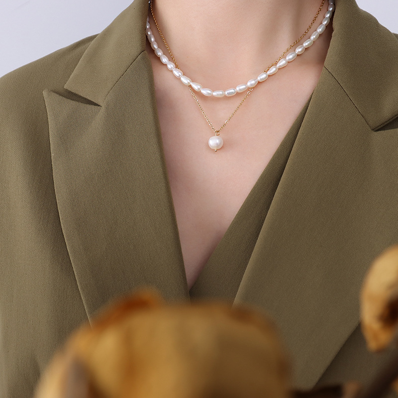 French Ins Style Freshwater Pearl Natural Growth Layered Necklace Hot Sale Titanium Steel Choker Jewelry - Image 6