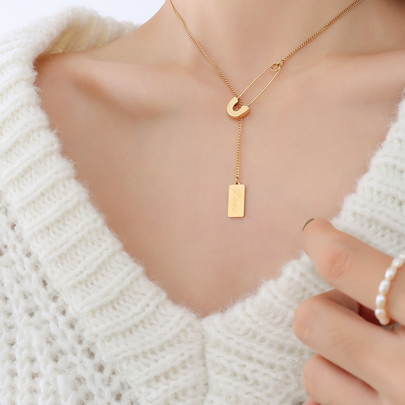 Korean Ins Style Pin Letter Square Pendant Necklace 18K PVD Gold Plated Titanium Steel Choker Jewelry for Women - Image 5