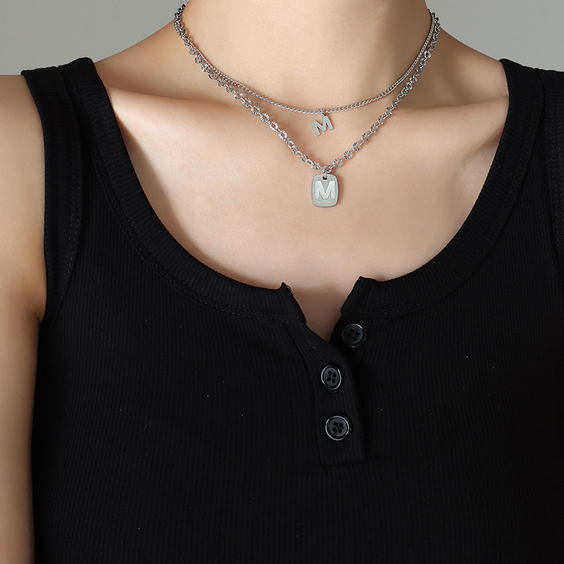 Trendy Style Korean Inspired Influencer Necklace Titanium Steel Gold Plated with White Shell Letter M Pendant Double Layered - Image 4