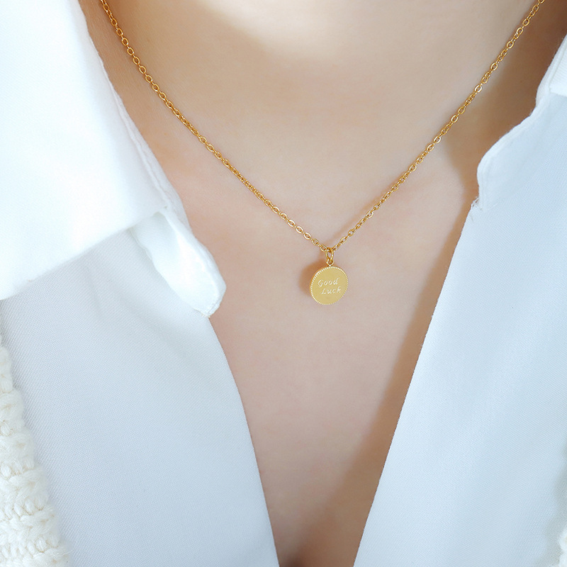 Little Lucky Corner of Love Wave Pattern Round Pendant Good Luck Letter Pendant Titanium Steel 18K PVD Gold Plated Necklace - Image 5