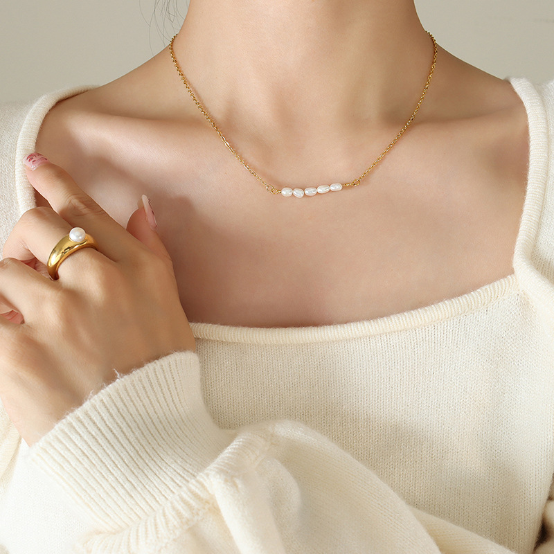 Korean Elegant Freshwater Pearl Necklace Women Ins Cold Minimalist Titanium Steel 18K PVD Gold Plated Choker - Image 4
