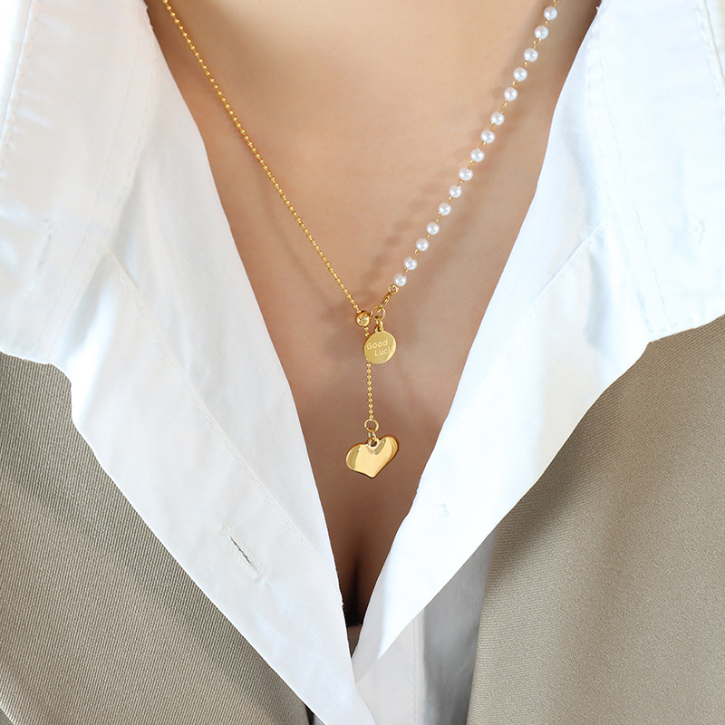 Round Heart Pendant Necklace Tassel Choker Chain Titanium Steel 18K PVD Gold Plated Vintage Imitation Pearl Necklace - Image 5