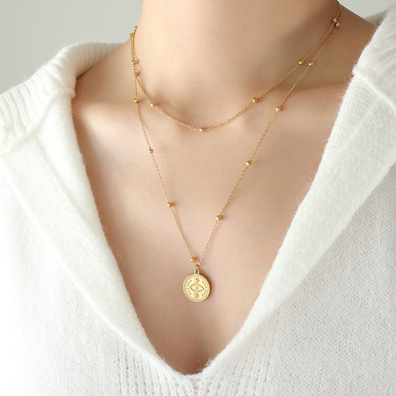 French Retro Pendant Necklace Bead Necklace Sexy Girl Accessories 18K PVD Gold Plated Single Eye Double Layer Necklace - Image 5