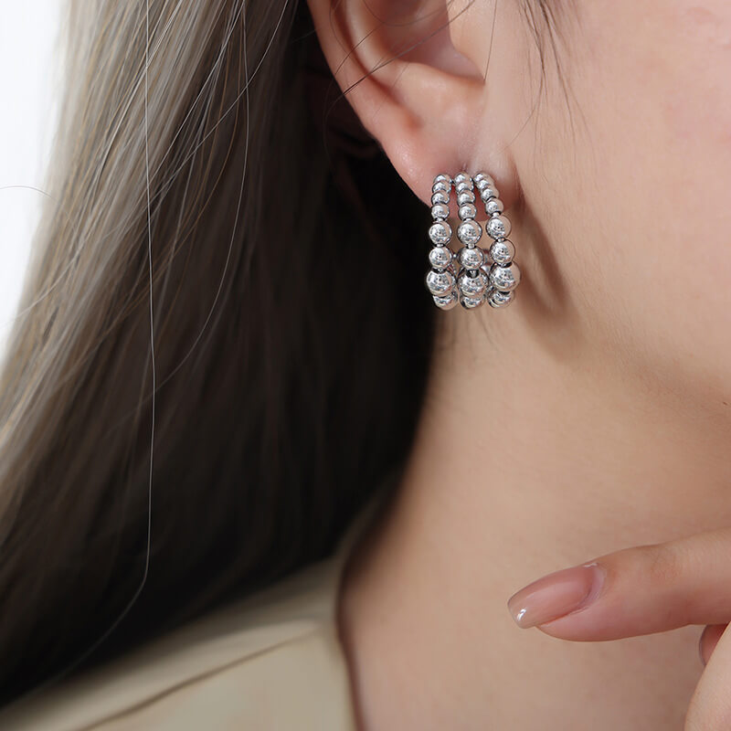 European C-shaped half-round triple-layer steel bead earrings titanium steel 18k PVD gold plated niche earrings - Image 4
