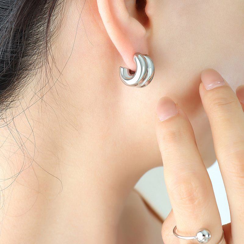 Double Layer C Shaped Half Hoop Earrings 18K Gold PVD Plated Stainless Steel Minimalist Vintage Style - Image 3