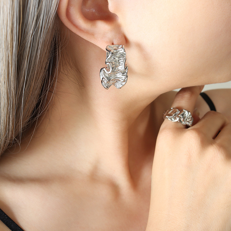 European ins-style new geometric pleated texture earrings niche design titanium steel 18k PVD gold plated ear buckles - Image 5