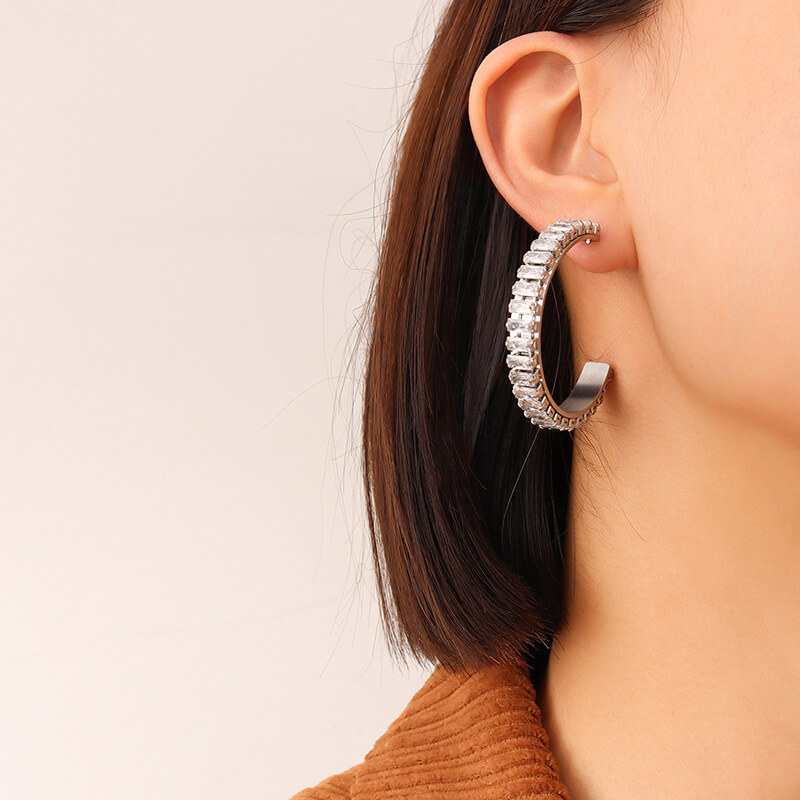 French Minimalist Exaggerated C Shaped Zircon Earrings 18K Gold PVD Plated Stainless Steel Vintage Style - Image 3