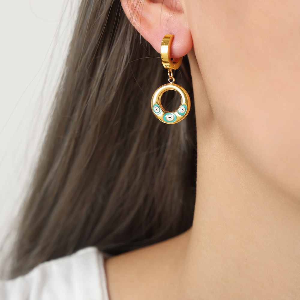 European cross-border new vintage ethnic titanium steel 18k PVD gold plated creative geometric enamel earrings - Image 7