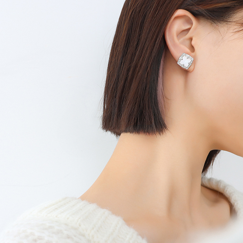 European vintage square white shell stud earrings lightweight niche titanium steel 18k PVD gold plated earrings - Image 5