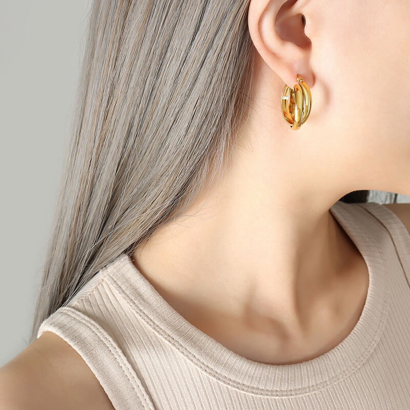 European INS Minimalist Dual Tone U Shaped Earrings 18K Gold PVD Plated Stainless Steel - Image 5