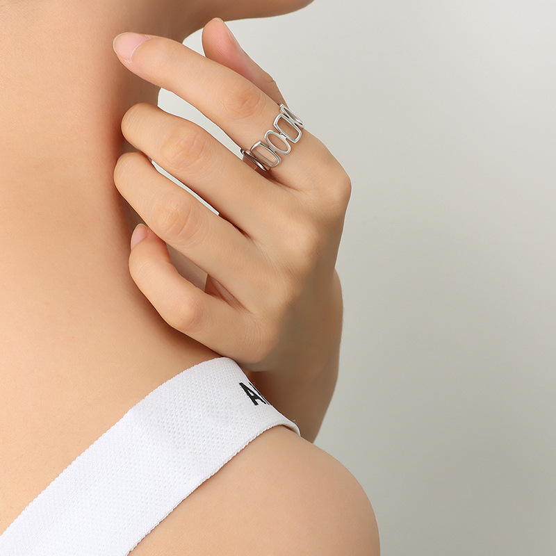 European INS Unique Hollow Geometric Spliced Open Ring 18K Gold Plated Titanium Steel Ring Jewelry - Image 4