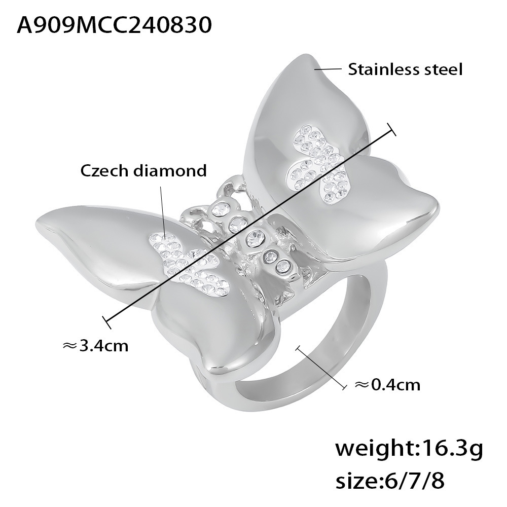 European Rhinestone Butterfly Flower Ring Stylish Stainless Steel Hot Selling Jewelry Color Retention Ring Wholesale - Image 5