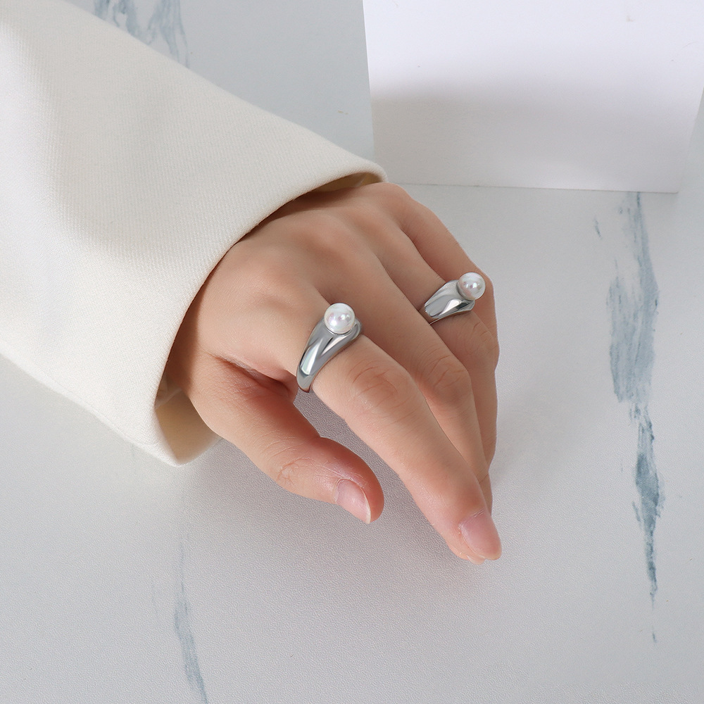 French Ins Style Small Designer Imitation Pearl Ring Titanium Steel 18K PVD Gold Plated Stackable Finger Ring for Women - Image 7