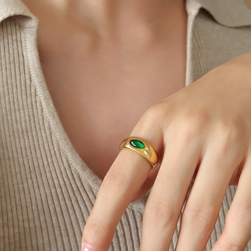 New Luxury Retro New Chinese Style Personalized Non-Fading Emerald Zircon Inlaid Titanium Steel Ring Jewelry for Women - Image 3