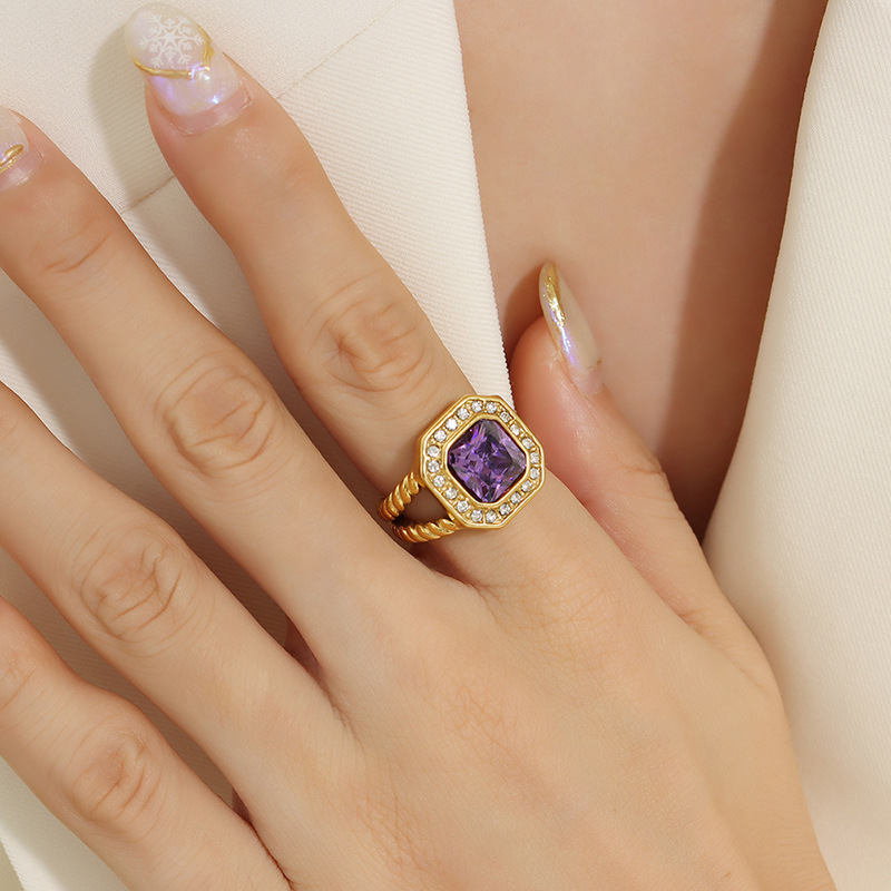Hip-Hop Bold Fashionable Geometric Ring Inlaid with Purple Zircon and Green Crystal Titanium Steel 18K PVD Gold Plated - Image 5