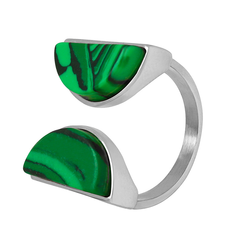 Retro Luxury Double Semi-Circle Open Ring Natural Peacock Green Turquoise Titanium Steel 18K PVD Gold Plated Jewelry for Women - Image 6