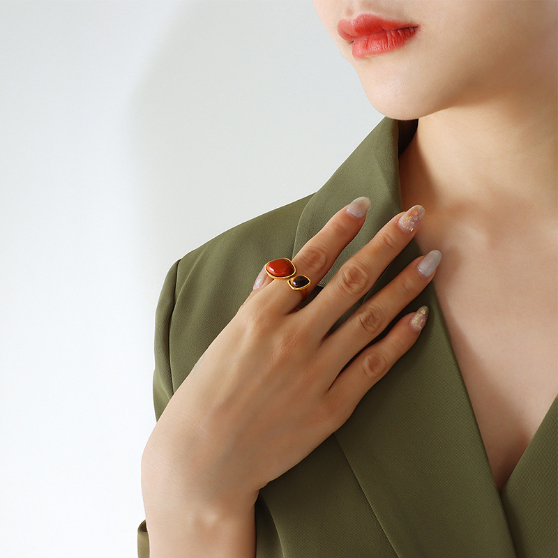 Hot Selling Retro Unisex Natural Red Tiger Eye Stone Ring Titanium Steel 18K PVD Gold Plated Finger Ring Creative Jewelry - Image 5