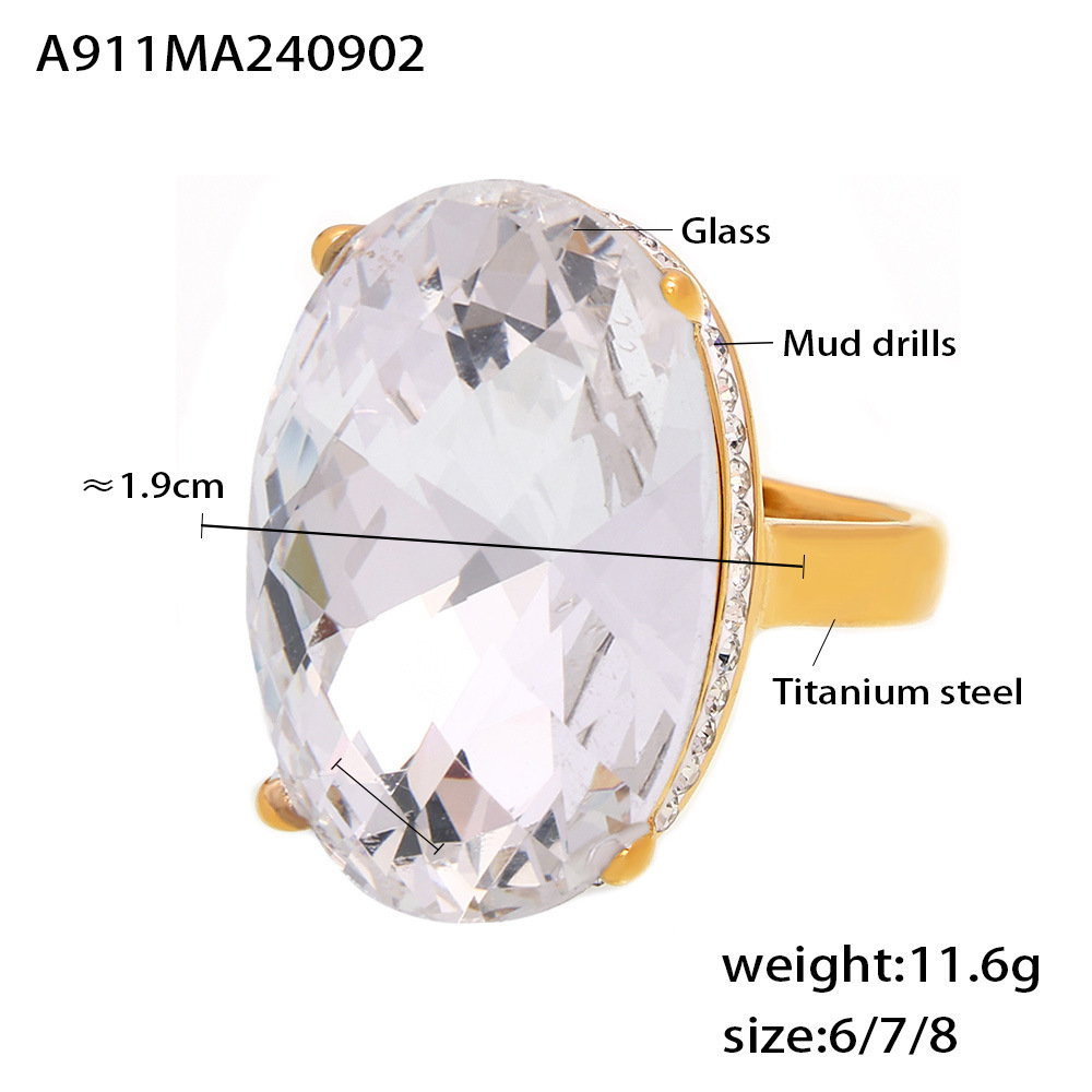 European Oval Stick CZ Large Glass Ring Titanium Steel 18K PVD Gold Plated Finger Ring Vintage Luxury Hand Jewelry - Image 6
