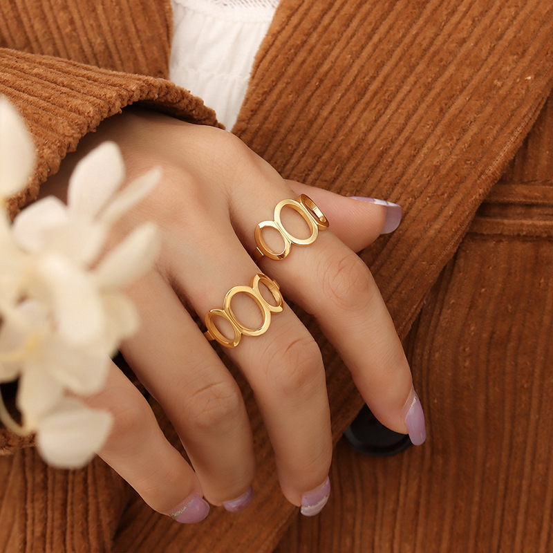French Minimalist Cold Style Fashionable Oval Hollow Open Ring Titanium Steel 18K PVD Gold Plated Jewelry - Image 7