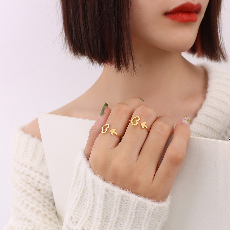 European Cold Minimalist Arrow Heart Open Adjustable Ring with Titanium Steel 18K PVD Gold Plated Jewelry - Image 5