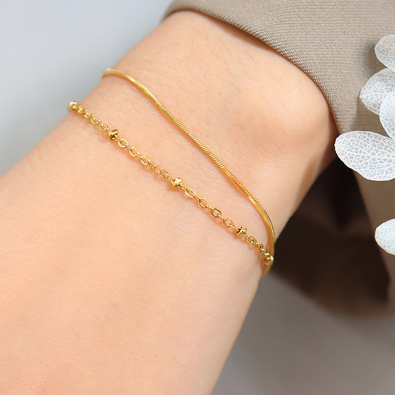 Delicate Double-Layer Snake Bone Chain Bracelet 18K PVD Gold Plated Titanium Steel Bead Chain Jewelry - Image 6