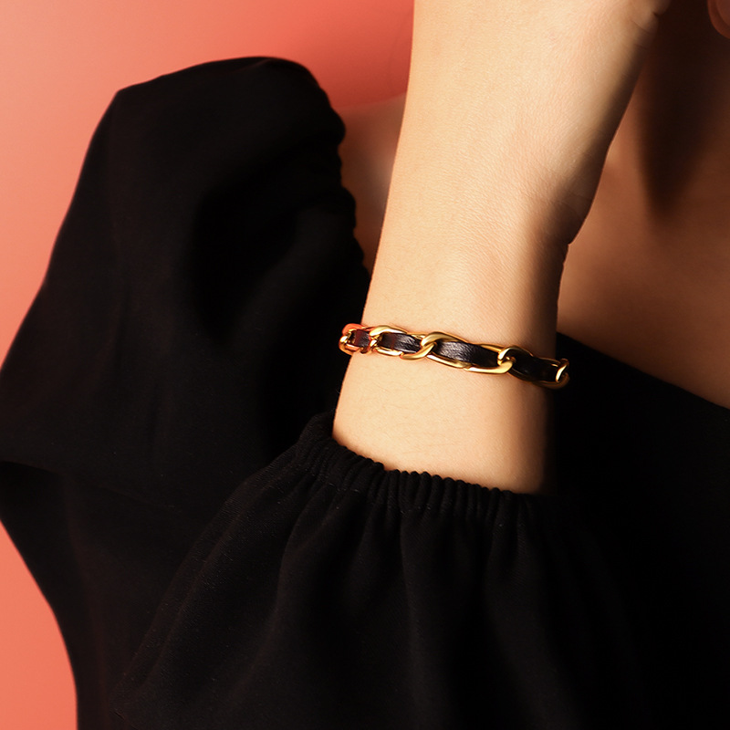 Leather Cord Chain Bracelet 18K PVD Gold Plated Titanium Steel Couple Jewelry - Image 2