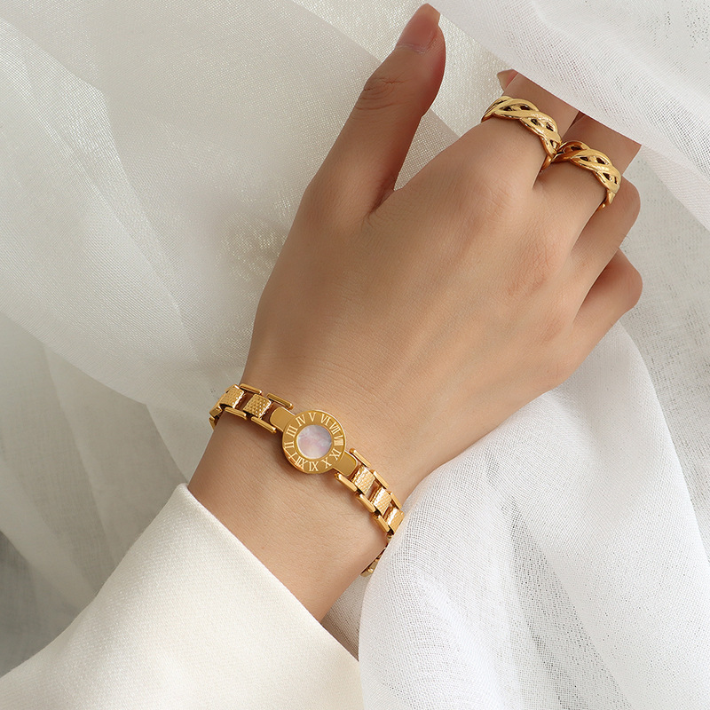 Luxe Roman Numeral Watch Plate Shell Bracelet 18K PVD Gold Plated Titanium Steel Jewelry - Image 3