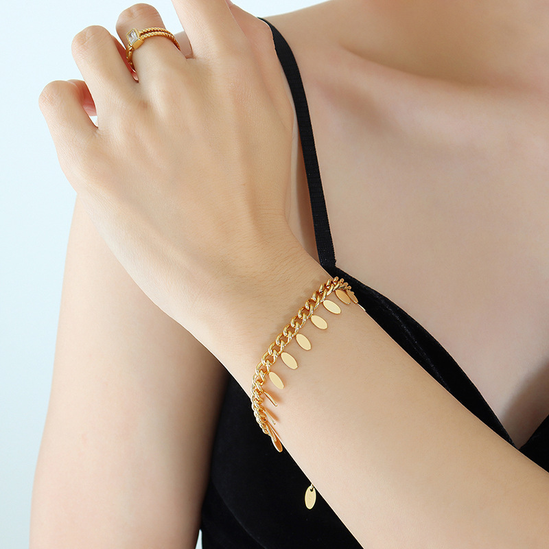 Thai Style Simple Chain Leaf Tassel Bracelet 18K PVD Gold Plated Titanium Steel Jewelry - Image 5
