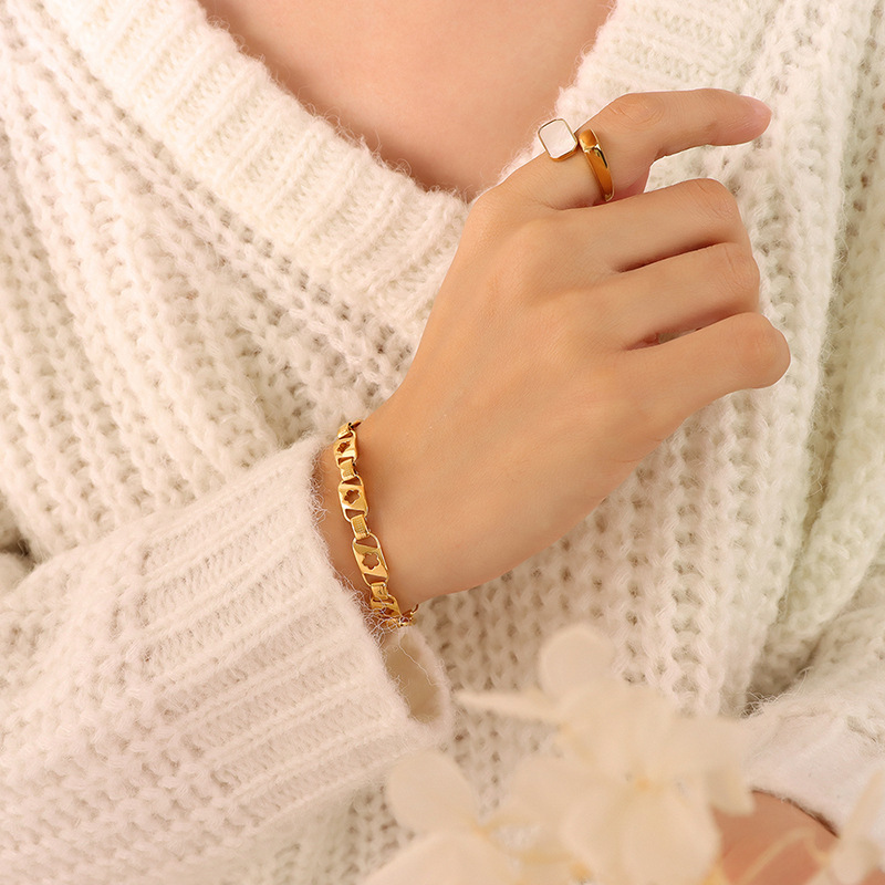 Korean Style Hollow Flower Design Couple Bracelet 18K PVD Gold Plated Titanium Steel Jewelry - Image 3